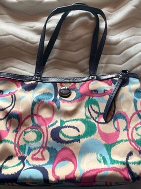 Coach Multicolor Circle-Print Shoulder Tote with Navy Trim